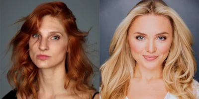 Two women are shown in side-by-side portraits; one has wavy red hair and a neutral expression, and the other has long blonde hair and a slight smile.