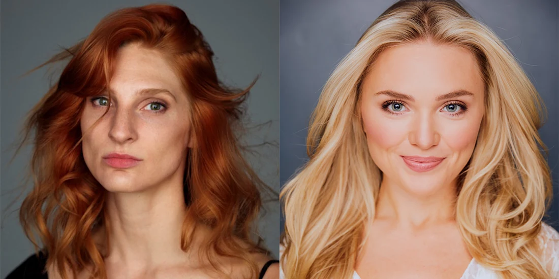 Two women are shown in side-by-side portraits; one has wavy red hair and a neutral expression, and the other has long blonde hair and a slight smile.