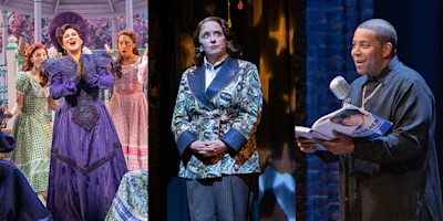 Three scenes from different stage musicals: women in period costumes singing, a person in a decorative coat standing alone, and a man reading from a script into a microphone.