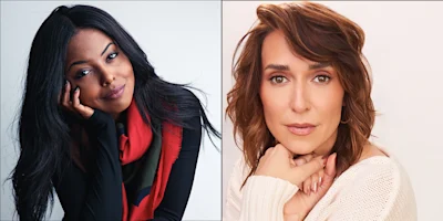 Two women pose for portraits side by side; the woman on the left has long dark hair and a red scarf, the woman on the right has light brown hair and wears a white sweater.