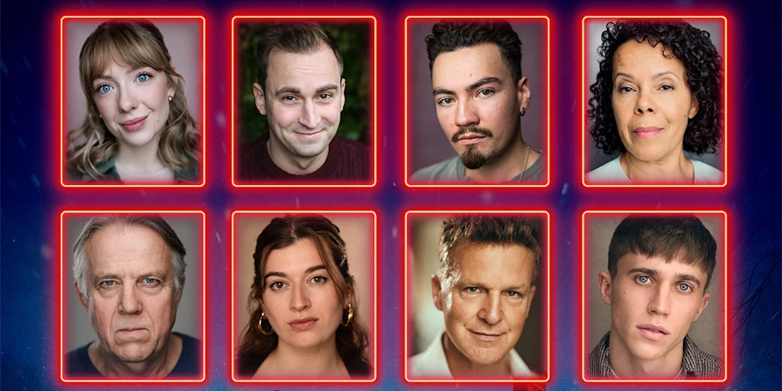 Eight headshots of people, each framed with a red neon border, arranged in two rows of four against a dark blue background.