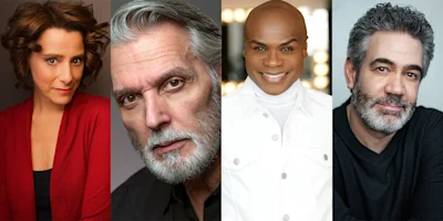A collage of four people: a woman in a red top, an older man with gray hair and beard, a smiling man in white, and a man with salt-and-pepper hair and beard.