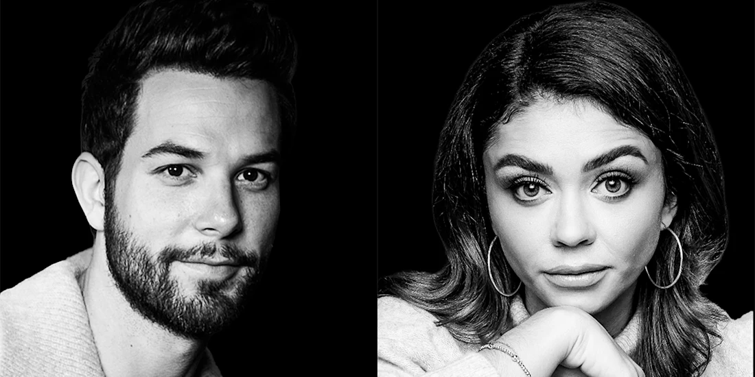 Black and white split image of a bearded man on the left and a woman with hoop earrings on the right, both looking directly at the camera with neutral expressions.