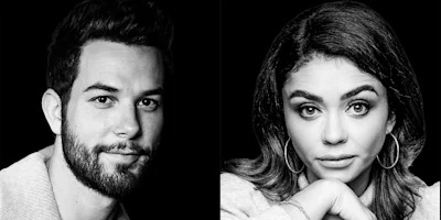 Black and white split image of a bearded man on the left and a woman with hoop earrings on the right, both looking directly at the camera with neutral expressions.