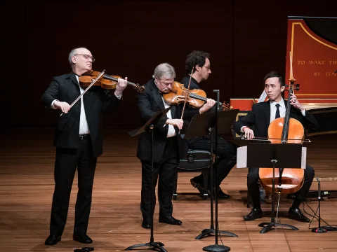 Production photo of Chamber Music Society of Lincoln Center: Montgomery, Widmann, and Tan Dun in New York.