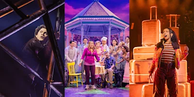 Three scenes from different stage musicals: a performer climbing scaffolding, a group gathered around a gazebo, and a singer in front of stacked suitcases under orange lighting.