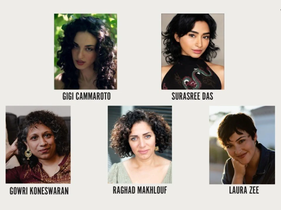 Photos of the cast of Hakawatis: Women of the Arabian Nights. Each headshot is labeled with a name: Gigi Cammaroto, Surasree Das, Gowri Koneswaran, Raghad Makhlouf, and Laura Zee.