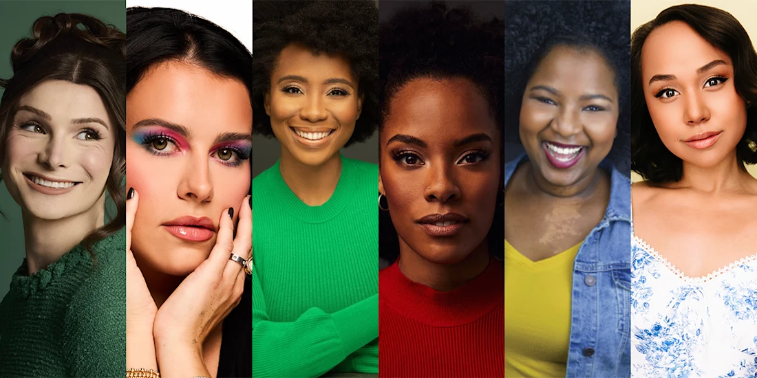 Six women stand side by side, each facing the camera against different colored backgrounds, with varying facial expressions and styles.