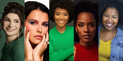 Five women are shown in individual vertical panels, each facing the camera and wearing colorful tops with various expressions ranging from smiles to neutral looks.