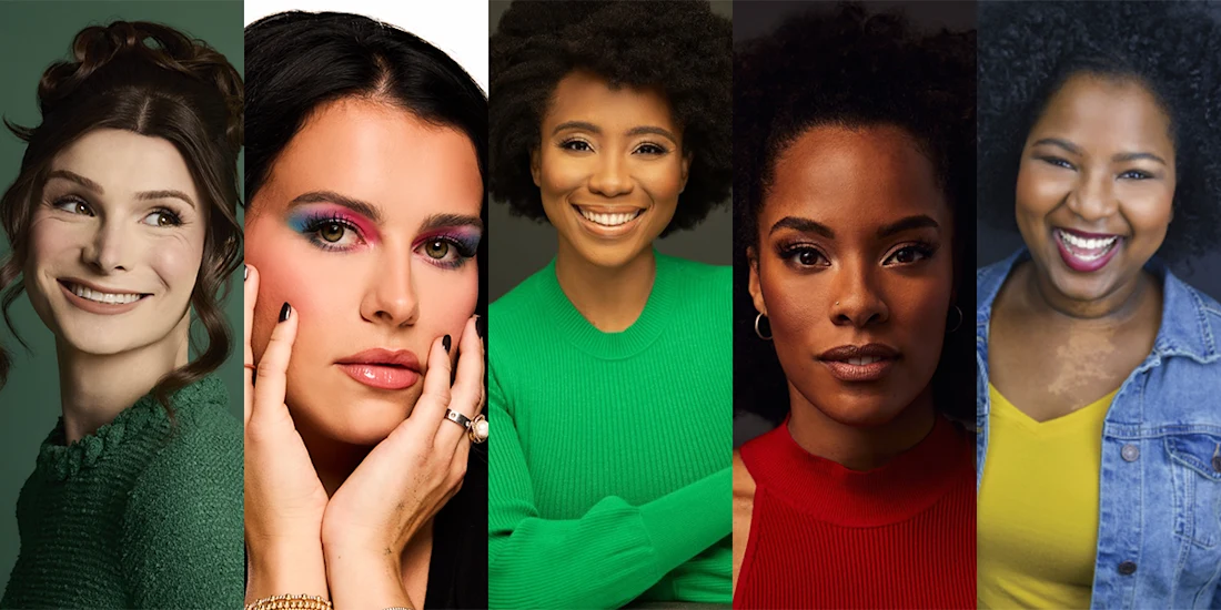 Five women are shown in individual vertical panels, each facing the camera and wearing colorful tops with various expressions ranging from smiles to neutral looks.