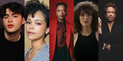 Five people with diverse styles and expressions are photographed in portrait format, each against a different background.