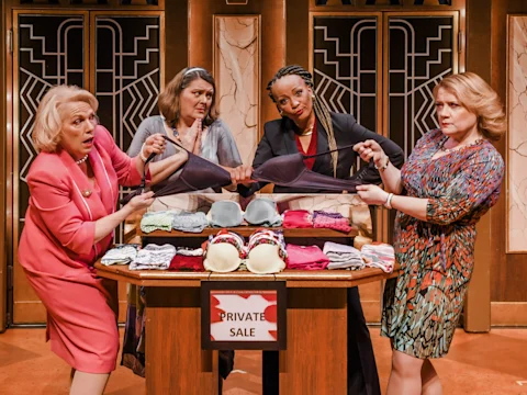 Four women stand around a table displaying bras and underwear, each holding and pulling on a large bra, with a "Private Sale" sign on the table.