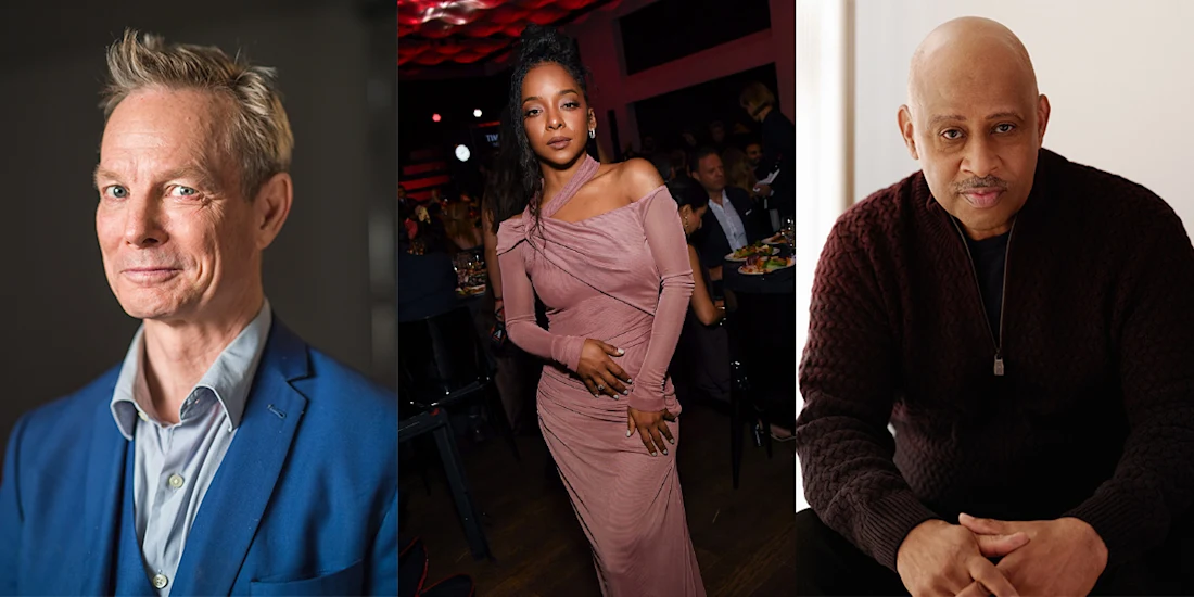 A composite image of three people: a man in a blue suit, a woman in a pink dress posing at an event, and a man in a dark sweater seated indoors.