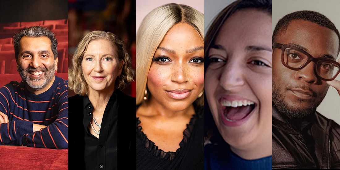 Five people pose for individual portraits, each facing the camera with various expressions, set against different backgrounds.
