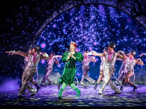 Production image of Shrek the Musical in London, starring full cast.