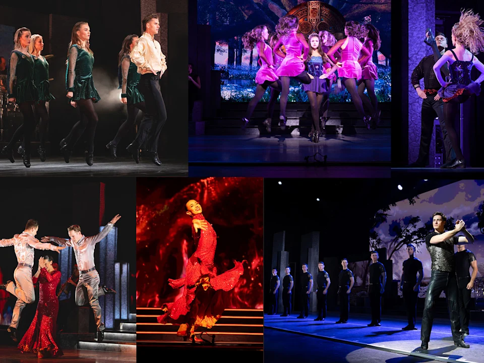 A collage of stage performances featuring groups of dancers in coordinated costumes, with dramatic lighting and energetic dance poses.