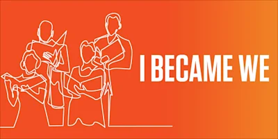 Four outlined figures singing from books next to the words “I BECAME WE” on an orange background.