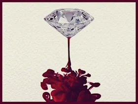 A diamond suspended above, with red ink or liquid swirling beneath it, against a textured light background.