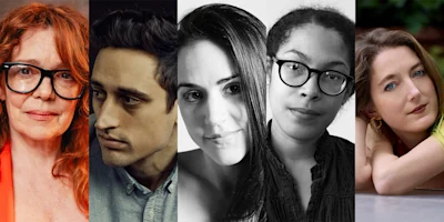 Five people of varying ages and backgrounds are shown in individual close-up portraits, each facing the camera with neutral or thoughtful expressions.