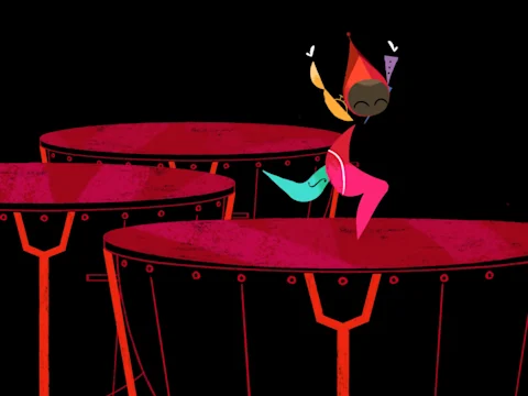 An abstract, colorful character dances on large red timpani drums against a black background.