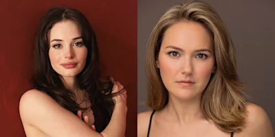 Two headshots of women, one with dark hair against a red background and one with blonde hair against a grey background.