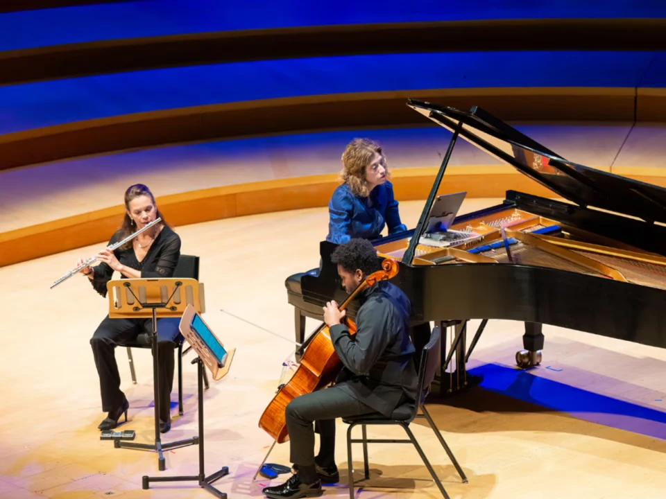 Production shot of LA Phil's Chamber Music and Wine in Los Angeles, featuring the trio for flute, oboe, and piano.