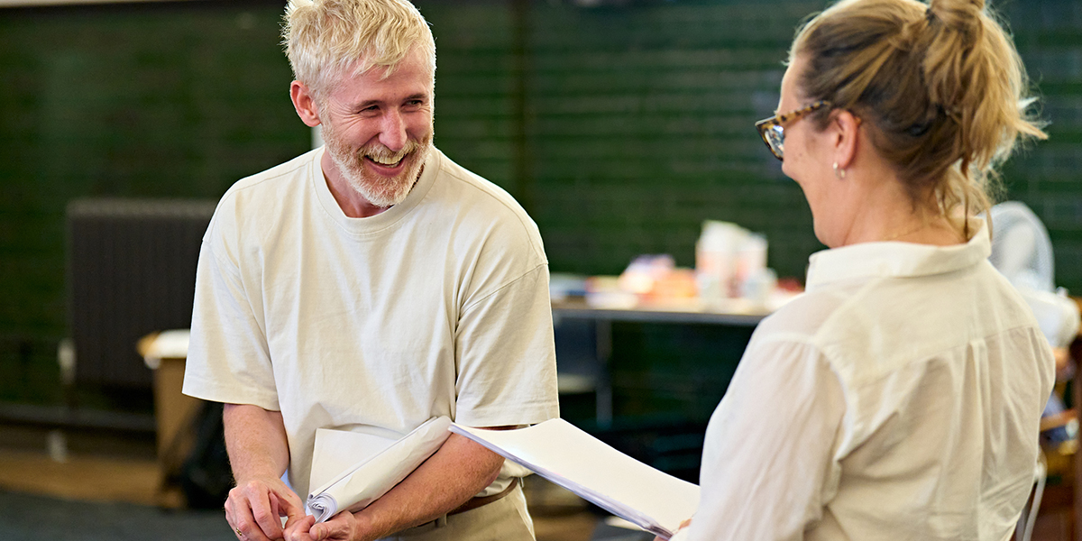 Adam Gillen and Dorothy Atkinson 1200 LT in rehearsals for How the Other Half Loves at The Old Vic 2026. Photo by Manuel Harlan