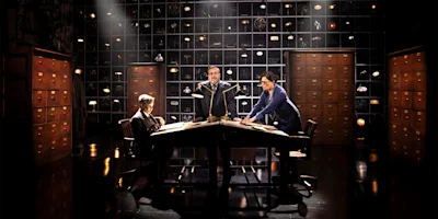 Three people sit and stand around a triangular desk in a dimly lit room with many file cabinets and shelves holding various objects in the background.