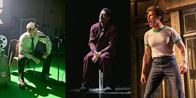 A triptych of three men: left, a man sits by a reel-to-reel recorder; center, a man in red scrubs stands in a hallway; right, a man in a white t-shirt shouts outdoors.