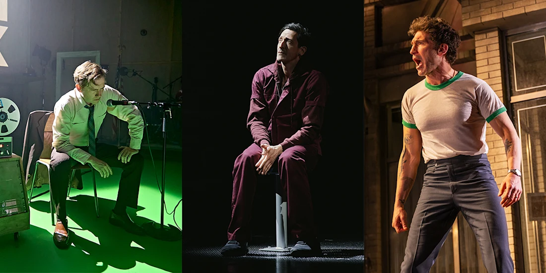 A triptych of three men: left, a man sits by a reel-to-reel recorder; center, a man in red scrubs stands in a hallway; right, a man in a white t-shirt shouts outdoors.