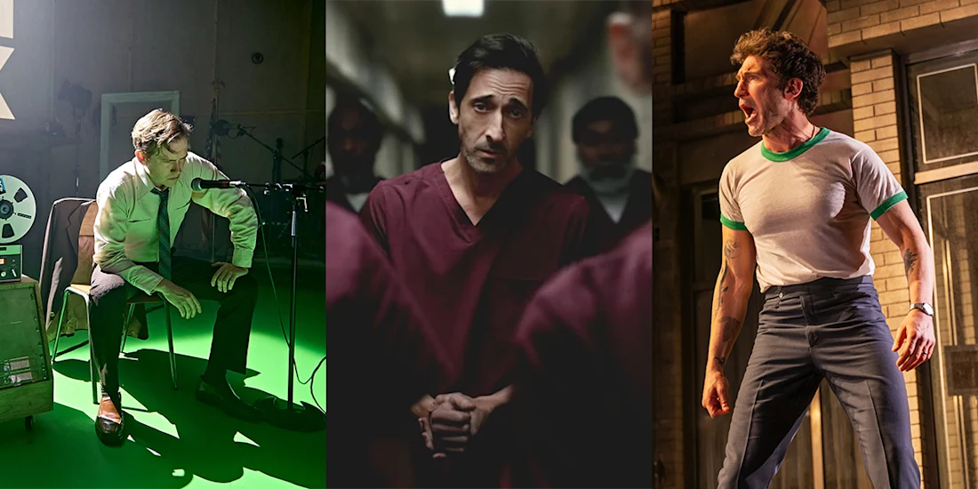 A triptych of three men: left, a man sits by a reel-to-reel recorder; center, a man in red scrubs stands in a hallway; right, a man in a white t-shirt shouts outdoors.