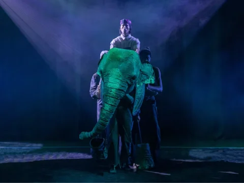 A man riding an elephant in green stage lighting.