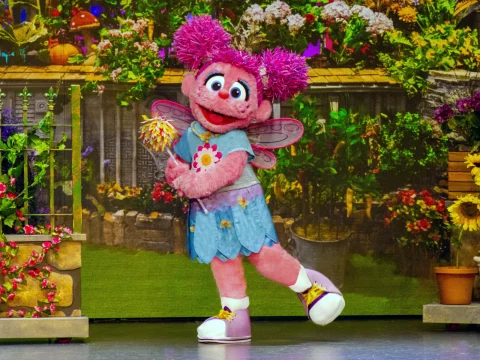 A pink puppet character with wings and purple hair buns is holding a shiny wand and standing on one foot in front of a colorful garden backdrop.