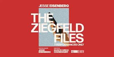Promotional poster for "The Ziegfeld Files" featuring bold white text on a red background with a partially visible hand in the center.