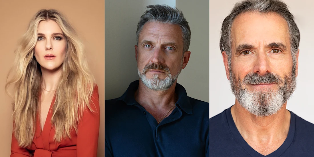A woman with long blonde hair, a man with short gray hair and beard, and another man with a gray beard, all facing the camera in separate portrait shots.