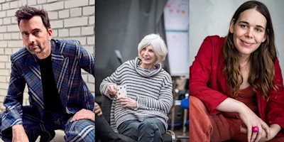 Three portrait photographs: David Tennant in a blue plaid suit, an older woman with white hair holding a mug, and a woman in a red shirt wearing a pink ring.