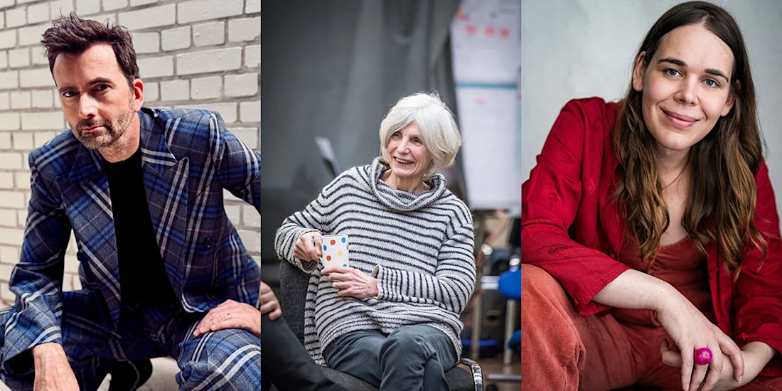 Three portrait photographs: David Tennant in a blue plaid suit, an older woman with white hair holding a mug, and a woman in a red shirt wearing a pink ring.