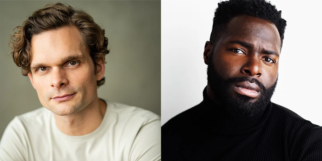 Side-by-side portraits of two men: one with light skin, wavy brown hair, and a white shirt; the other with dark skin, a full beard, and a black turtleneck.