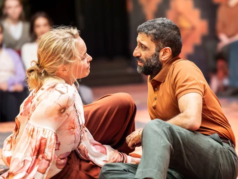 Production shot of The Cherry Orchard in Brooklyn, with Nina Hoss and Adeel Akhtar.