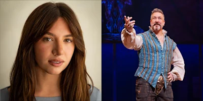 Left: Close-up of a woman with long brown hair. Right: Man in a blue Renaissance costume performing on stage, gesturing with his right hand.