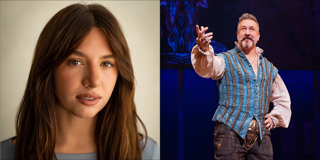 Left: Close-up of a woman with long brown hair. Right: Man in a blue Renaissance costume performing on stage, gesturing with his right hand.