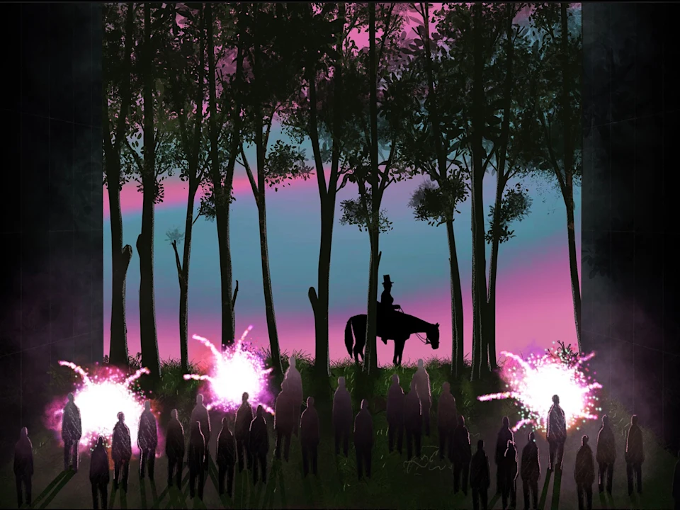Silhouetted crowd faces a person on horseback among trees at dusk, with pink and white bursts of light in the foreground and a purple-blue sky in the background.