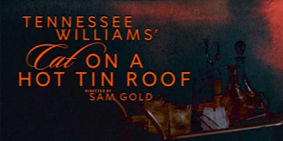 Dark poster with orange text reads: "Tennessee Williams' Cat on a Hot Tin Roof, directed by Sam Gold," over a blurred background with glass objects.