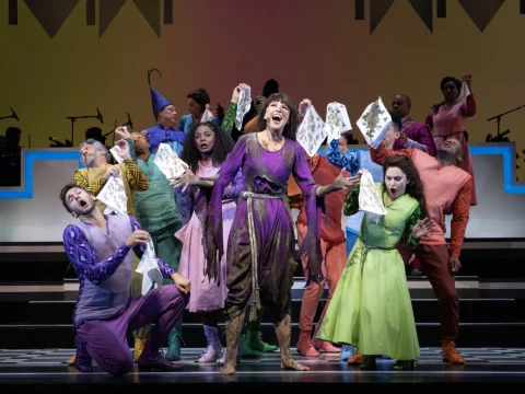 Promotional image for "Once Upon a Mattress" featuring Sutton Foster, pointing up with a playful expression, wearing a paper crown and a pink dress. The text states it is now on Broadway.