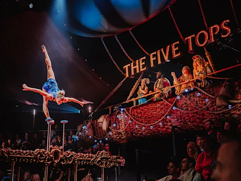 A circus performer balances upside down on one hand atop a pole, while an audience and another performer in costume watch under colorful stage lights.