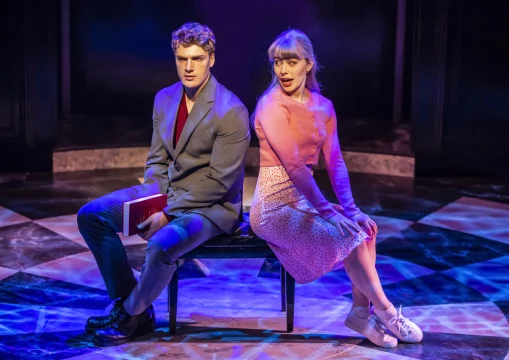 Production image of Cruel Intentions The '90s Musical in London, with Daniel Bravo and Abbie Budden. 