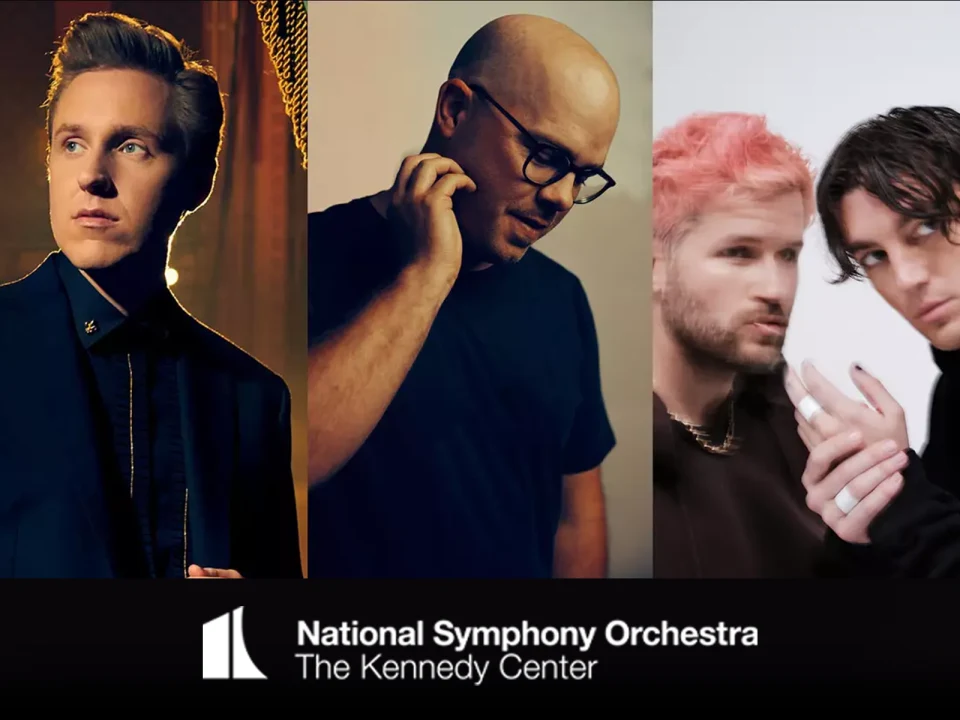 Three musicians against different backgrounds: one in a suit, one in a black shirt holding his glasses, and two with dyed hair in casual clothes. Text reads "National Symphony Orchestra The Kennedy Center.