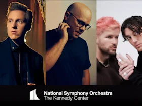 Three musicians against different backgrounds: one in a suit, one in a black shirt holding his glasses, and two with dyed hair in casual clothes. Text reads "National Symphony Orchestra The Kennedy Center.