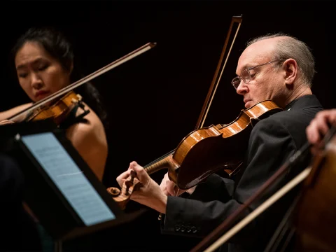 Production photo of Chamber Music Society of Lincoln Center: Montgomery, Widmann, and Tan Dun in New York.