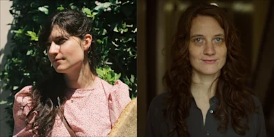 Split image: On the left, a woman with long dark hair stands outdoors in sunlight. On the right, a woman with wavy auburn hair stands indoors, looking at the camera.
